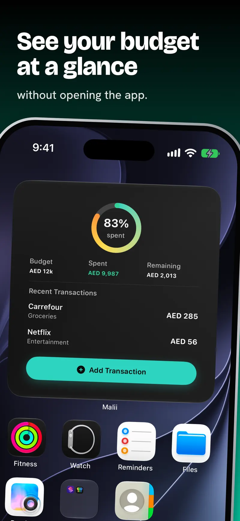 Malii widget on the Home Screen showing the month's budget, spent and remaining in AED